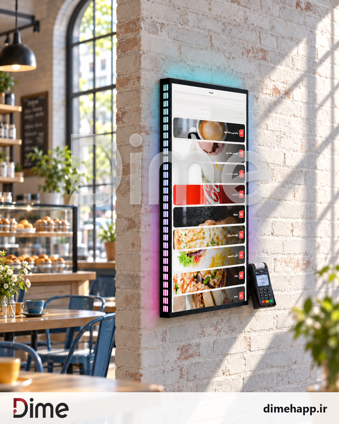 کیوسک دیواری ۵۰ اینچ؛ نمای دستگاه در کافه